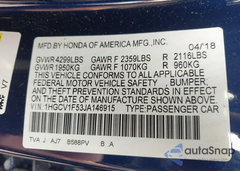 2018 Honda Accord Ex-L z USA, uszkodzony, nr VIN 1HGCV1F53JA146915